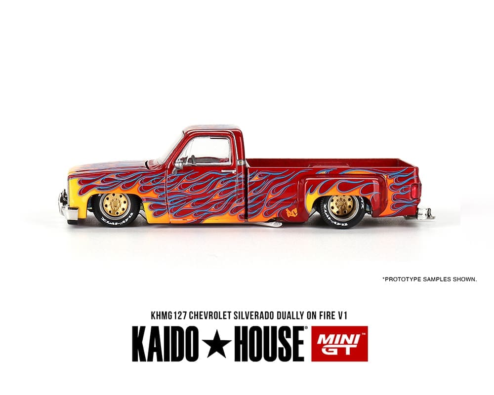 Kaido House x Mini GT 1:64 Chevrolet Silverado Dually on Fire V1 – Red with Flames