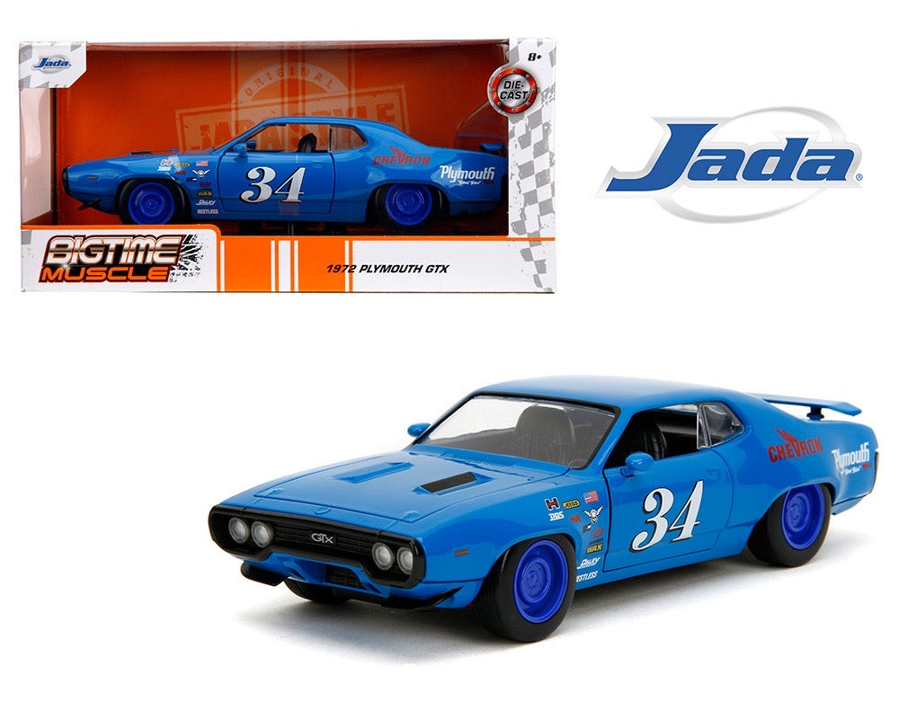 Jada 1:24 1972 Plymouth GTX – Blue with Chevron Graphic – Bigtime Muscle