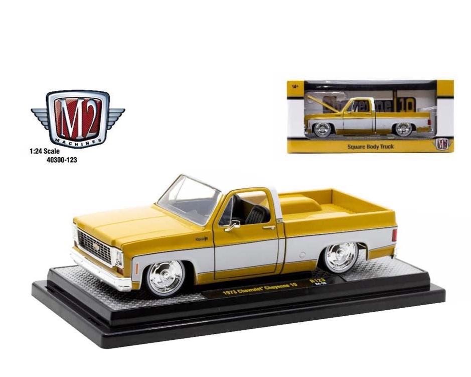 M2 Machines 1:24 1973 Chevrolet Cheyenne 10 Square Body Truck – White Top with yellow Ochre Gloss