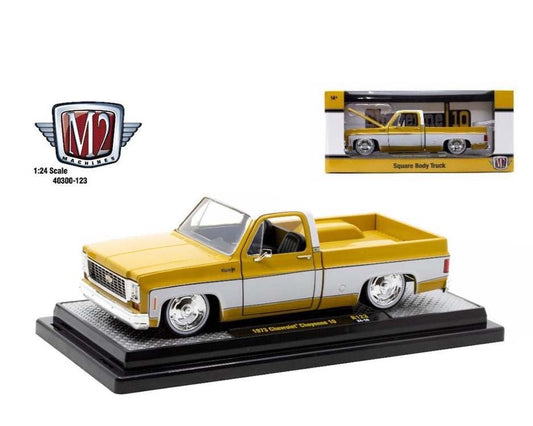 M2 Machines 1:24 1973 Chevrolet Cheyenne 10 Square Body Truck – White Top with yellow Ochre Gloss